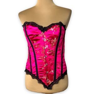 Corset Bustier Top Hot Pink Black Lace Up Chinese Floral Print Y2K Lace Small